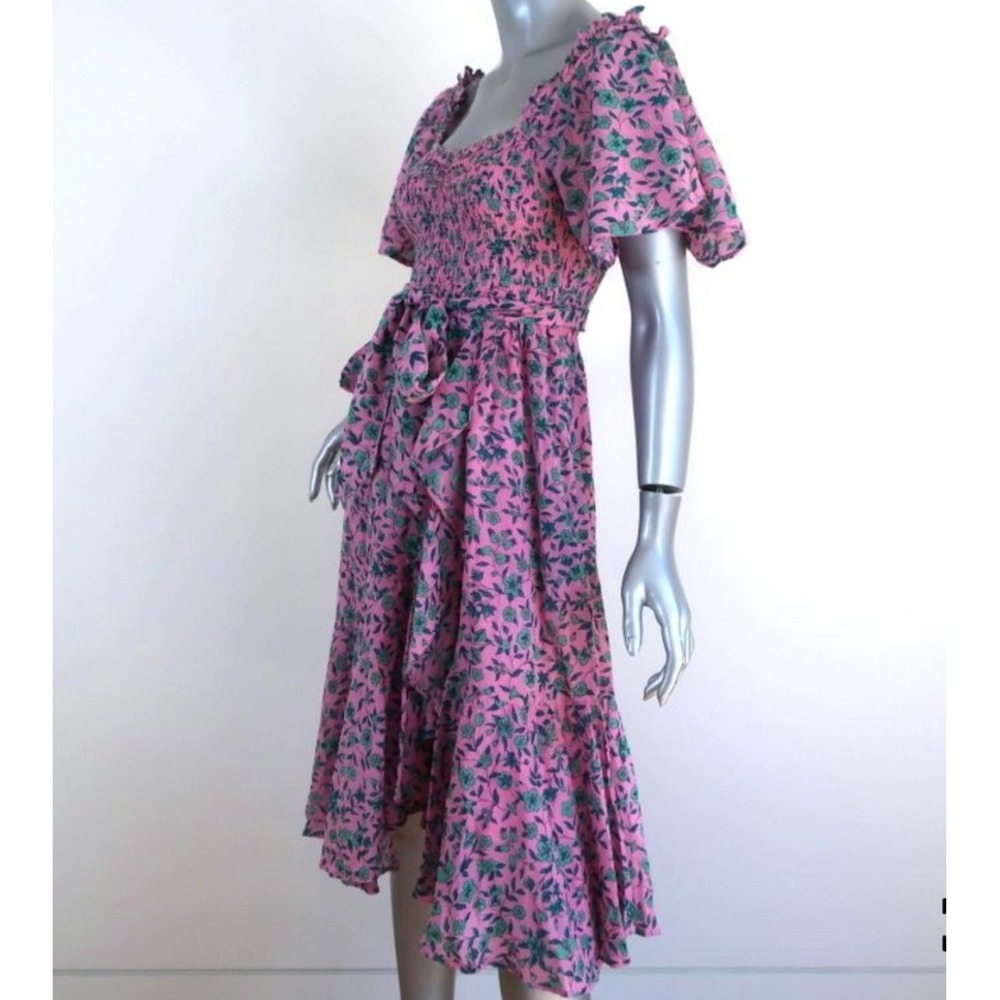 Banjanan Midi Dress XS Pink Floral Print Smocked Ruffle Sleeve Camilla Cotton - Picture 4 of 14